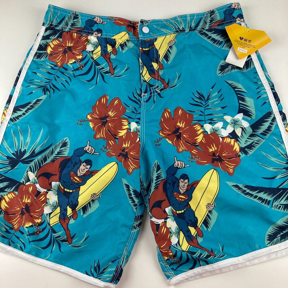 Superman Men L Tropical Board Shorts NWT Surf Floral DC Comics Swim Trunks
